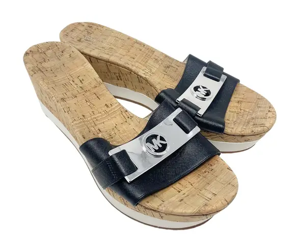 Michael Kors Black Leather Warren Platform Cork Wedge Slide Women's Size 11M