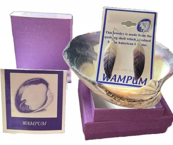 Wampum Quahog Earrings NWT NEW IN BOX Sterling Silver Curved Feather 🪶 Purple