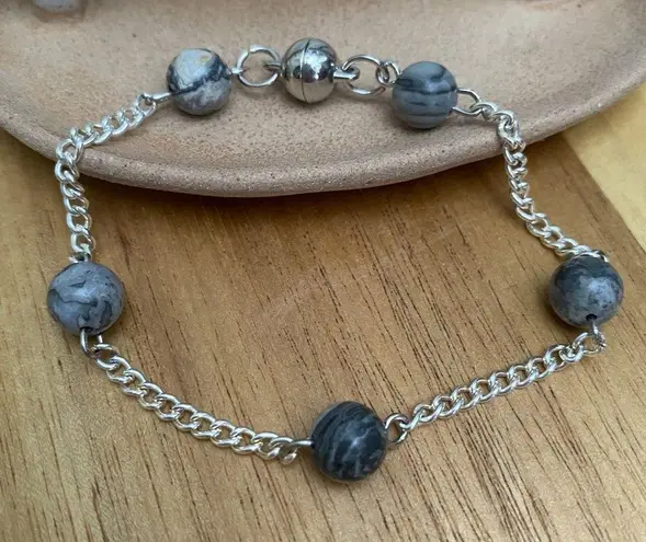 New Handcrafted Tin Cup Black Flash Agate Necklace and Bracelet Jewelry Set Silver