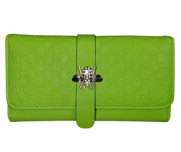 Leather Wallet Lime Green Embossed Faux Snap Closure Decorative Bee Accent