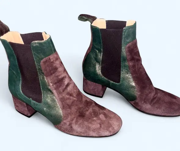 Maliparmi Women’s Brown Green Suede Boots Size 7 Italy Low Heel Ankle Booties