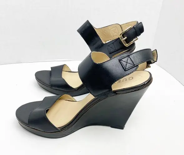 Guess  Jasminn Leather Upper Black Open Toe Wedge Sandals, Size 8.5