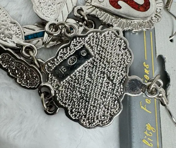 Native American Southwestern Silver Turquoise Inlay Heart & Feather Earrings