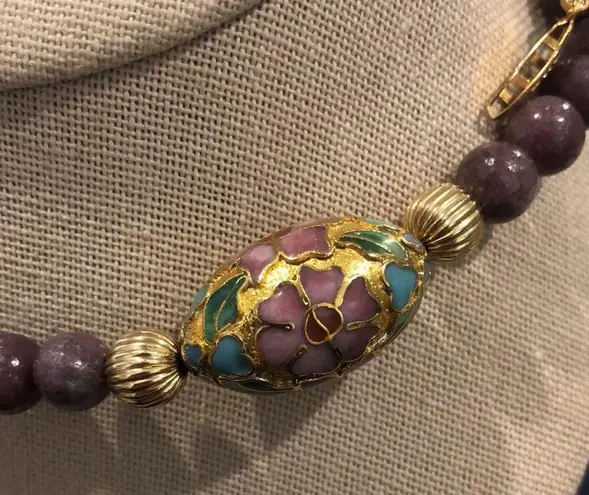 Amethyst Vintage Beads and Gold Floral Cloisonné Enamel Beaded Necklace