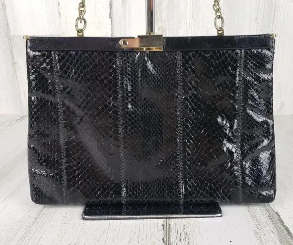 Palizzio Shiny Black Gold Chain Snakeskin Textured Shoulder Bag Women's Purse