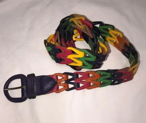Woven Leather Chain Multicolor Belt Size M/L Guatemala Purple Green Unisex