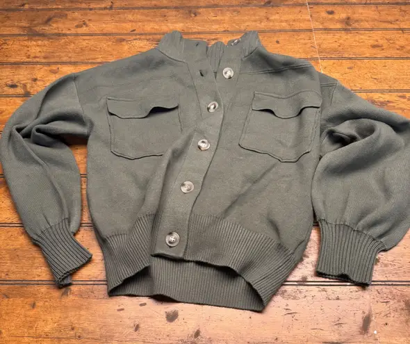 Tahari Olive Green Button Front Collared Knit Cardigan Sweater Women's Size S