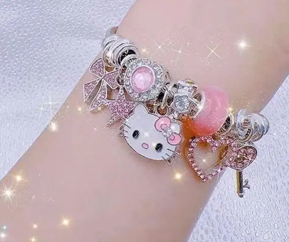 Hello Inspired Kitty Charm Bangle Bracelet Pink
