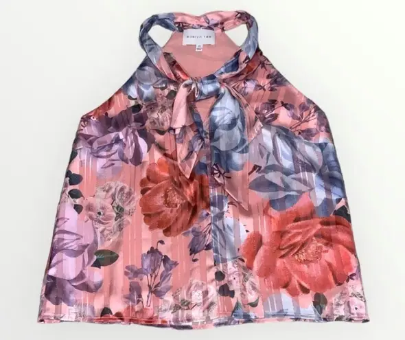 Adelyn Rae Sloan Tie Neck Halter Top Peach Multicolor Floral Dainty Silky XS