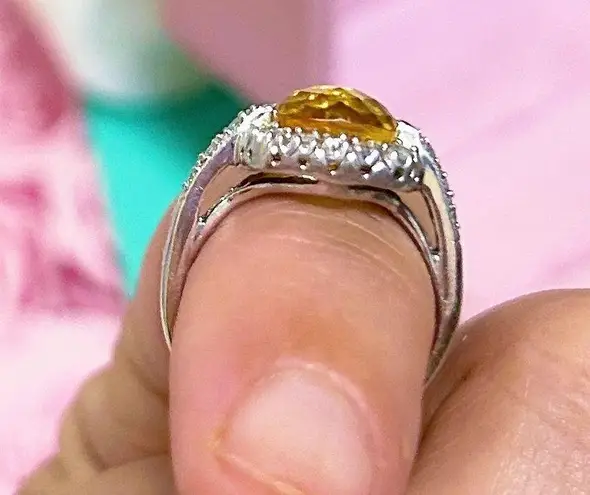 14kt White Gold 2+ Carat Cushion Cut Diamond Halo Citrine Ring Silver Size 6