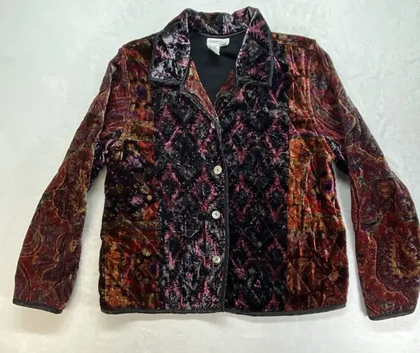 Coldwater Creek Jacket Women L Boho Plush Velvet Devore Funky Plush Quilt art