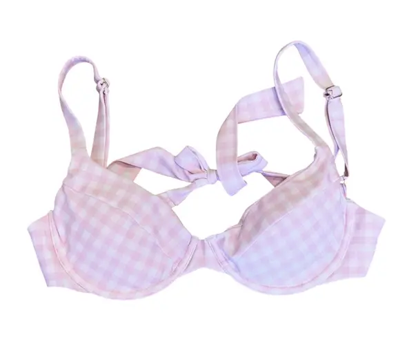 Pink Gingham Bikini Top Tie Back L Preppy Beach Swim Size L