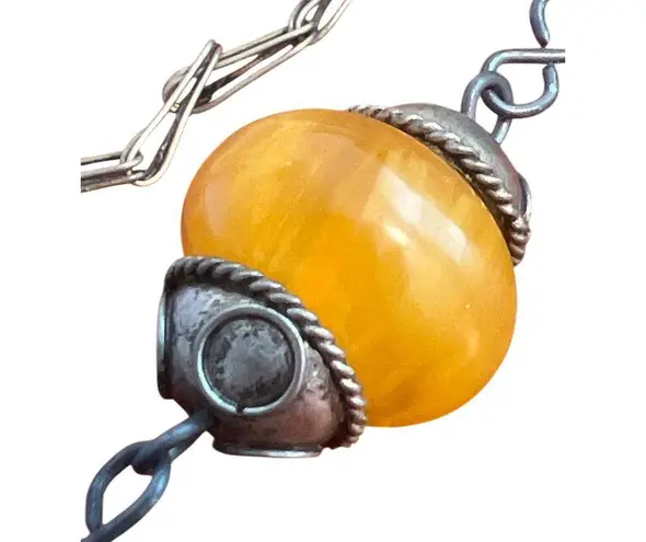 Vintage Silver Tone Egg Yolk Amber Resin Necklace Prayer Worry Beads Cage 24"