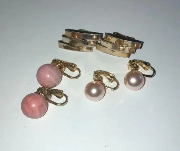 Lot of 3 Clip On Earrings Gold Silver Tone Pale Pink Faux Pearl Marbled Pink