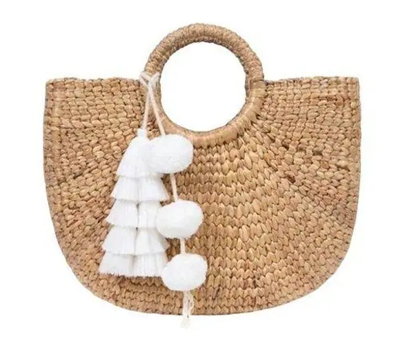 JADEtribe Aloha Woven Basket Bag with White Tassel and Pom Poms NWT Tan