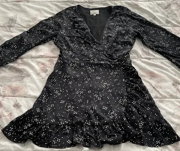 Privacy Please Revolve Wrap Black Polka Dot Ruffle Long Sleeve Mini Dress, size S