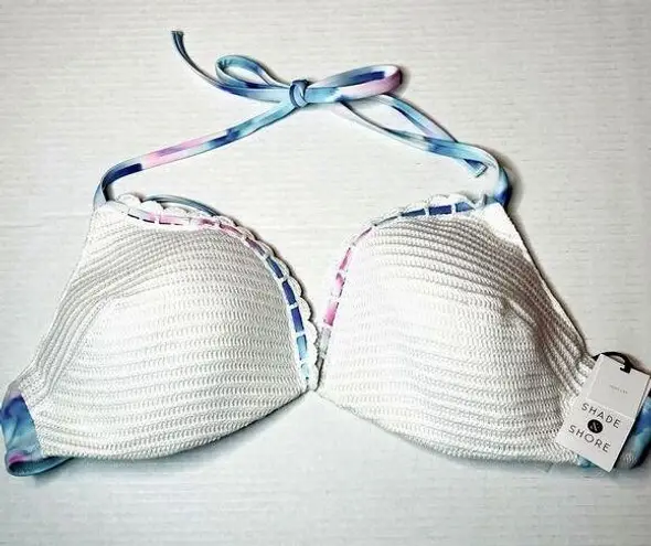 Shade & Shore  White & Blue Tie-Dye Crochet Light Lift Bikini Top Size 36D New!