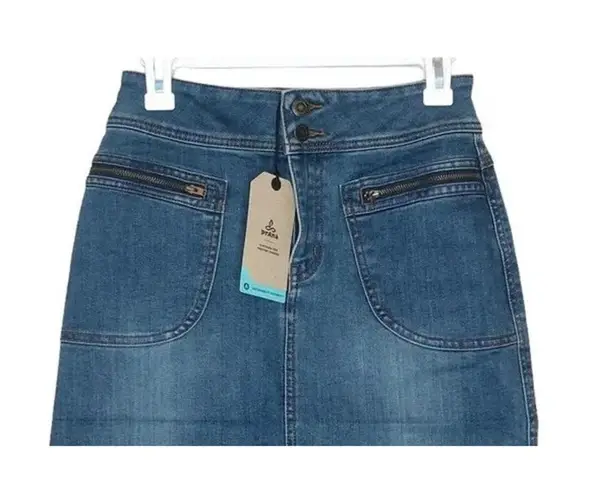 prAna NWT  Broadway Mini Jean Denim Skirt Zipper Patch Pockets 12 Blue #2634