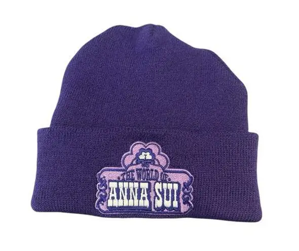 Anna Sui The World Of Beanie Knit Cap Hat Unisex OS Purple Patch Logo NEW