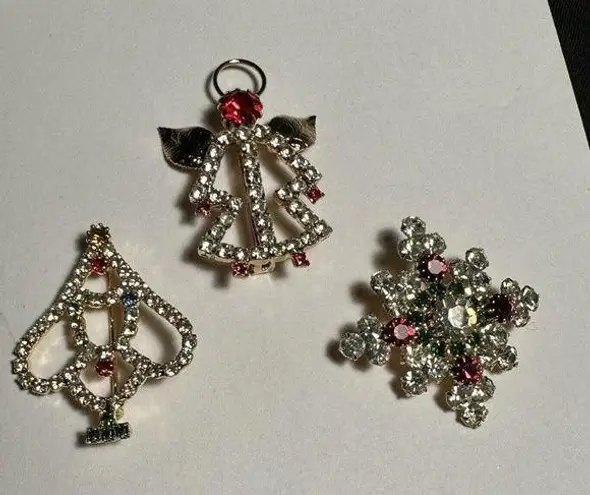 Lot Of 3 Prong Set Rhinestone Holiday Brooch Pins Christmas Tree & An Angel