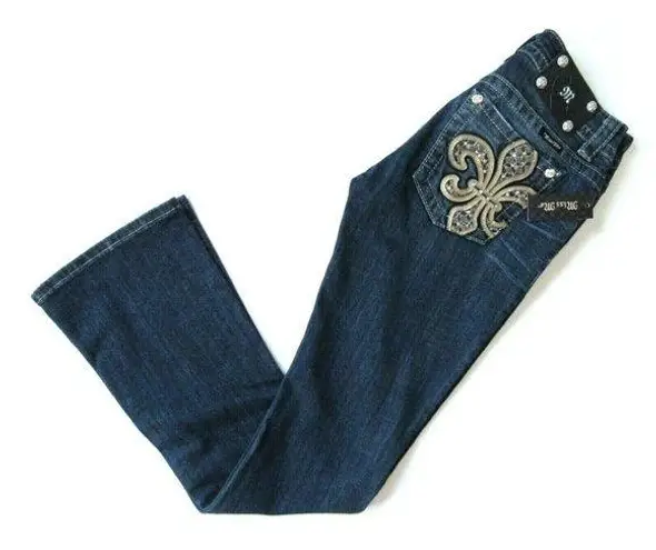 Miss Me NWT  Boot in Dark Blue Fleur de Lys Rhinestone Stretch Jeans 27 x 33