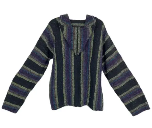 Artesanias Vega Boho Baja Striped Blanket Vibe Pullover Hoodie Size XL Blue