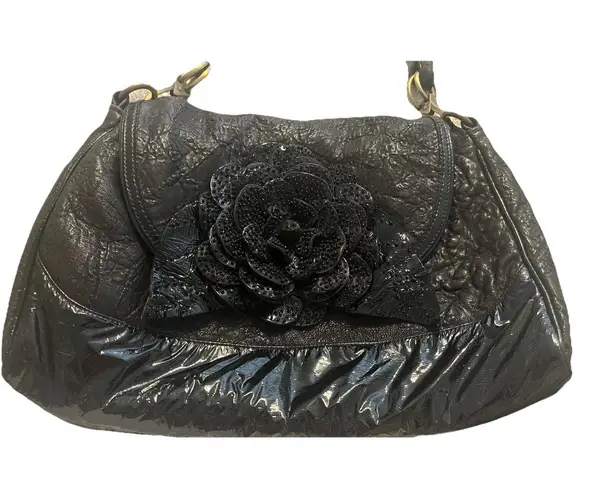 RARE Mary Frances Vintage Patent Pebbled Leather with Patent Beaded Rose Closure Black