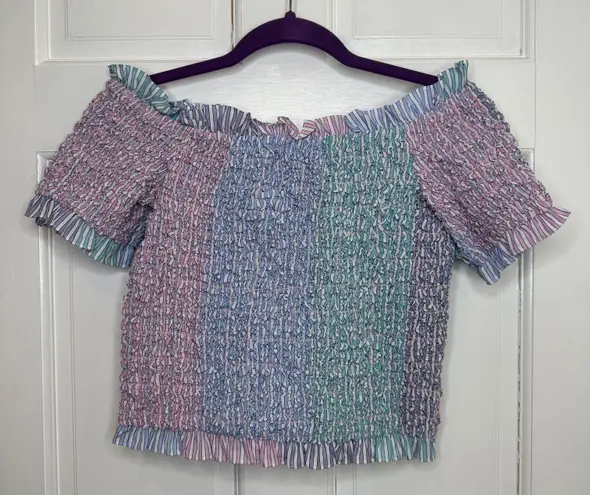 Revolve Petersyn Kinsey Smocked Off The Shoulder Ruffle Top in Pink/Blue/Purple - Large