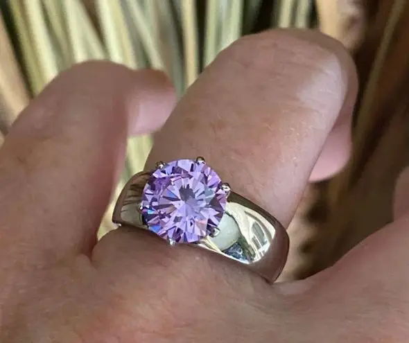 Amethyst High polished Stainless Steel Ring with AAA Grade CZ Size 9