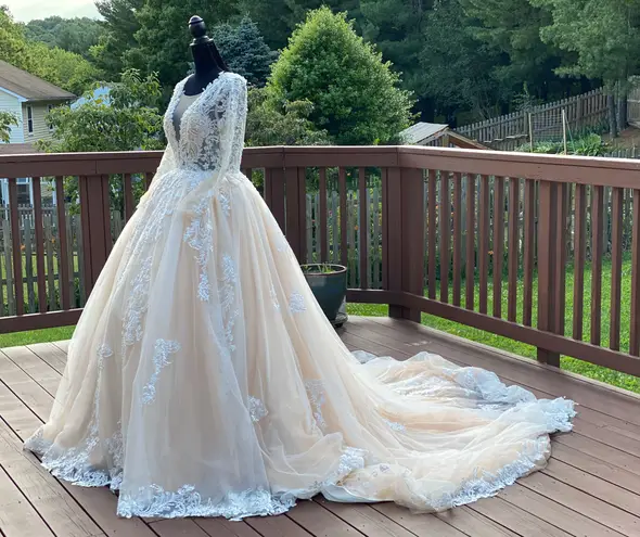 Custom Made Wedding Dress princess long train lace Embroidered Long Sleeve Light Weight