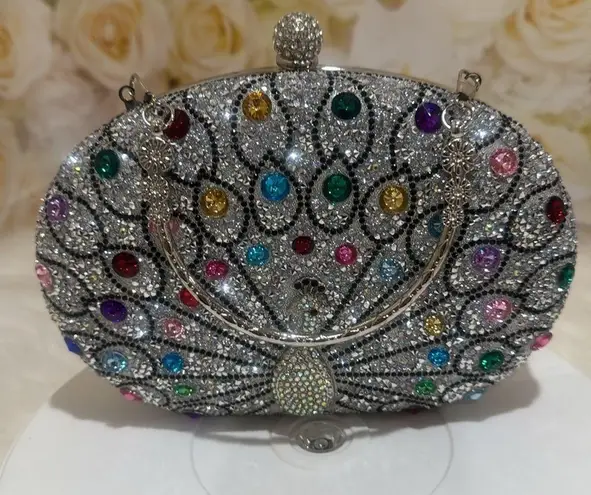 Silver Peacock Clutch with Colorful Gemstones