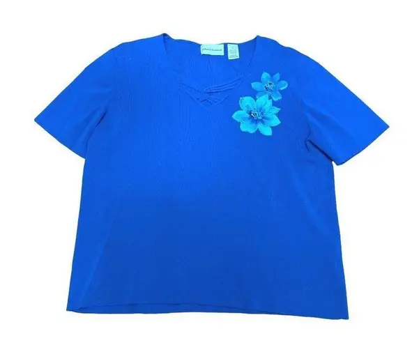 Alfred Dunner Bright Royal Blue Pullover Blouse Flower Decoration Size L