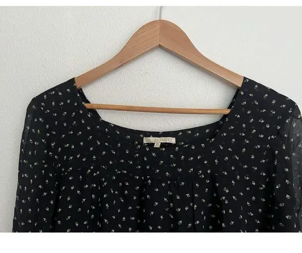 Gold Hawk Silk Mini Dress Floral Sheer Long Sleeve Cottage Prairie Flowy Romance Black Size XS