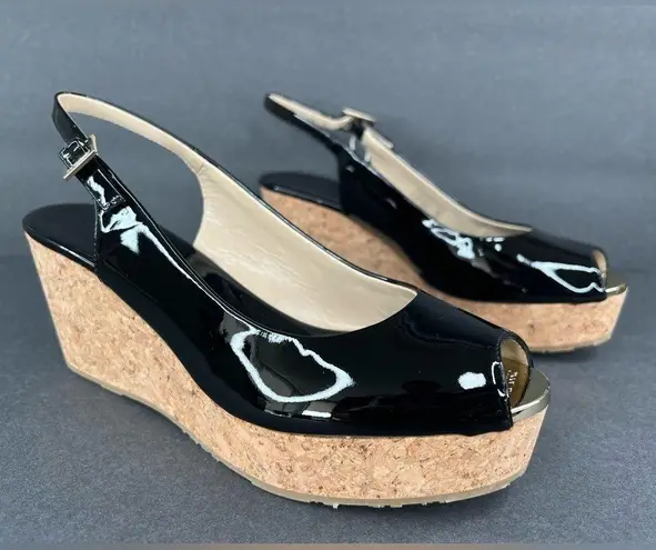 Jimmy Choo Praise Black Patent Cork Wedge Heel Slingback Pumps Size EU 37.5
