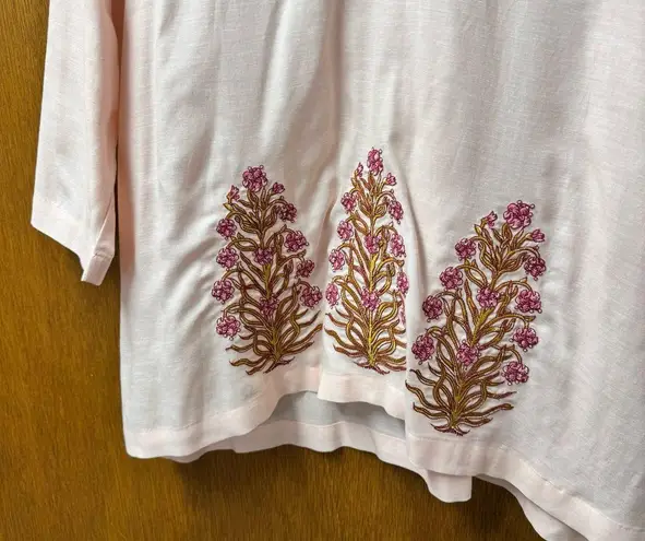 Spartina 449 Everleigh Tunic 3/4 Sleeve Woodblock Floral Embroidery Pink Large L