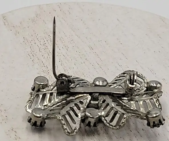 Vintage Silver Coated Flower Brooch Pin With Center Gemstone Six Petals Sparkle