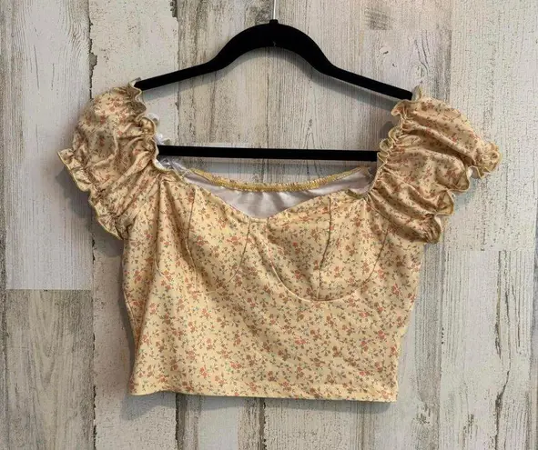 *Women's Size Small Floral Puff Sleeve Crop Top Summer Spring Chic Yellow