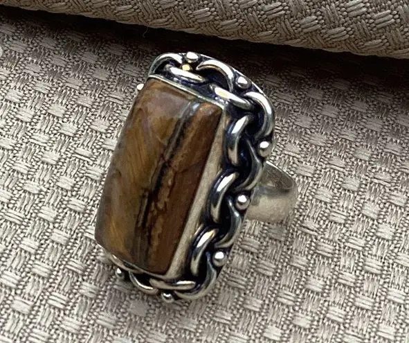 LG TIGERS EYE GEMSTONE RING STERLING SILVER OVERLAY 925 Size 8