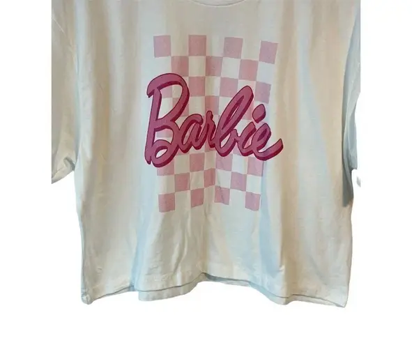 Barbie Cropped T Shirt Women's XL Checkered Logo White Short Sleeve Trendy Top