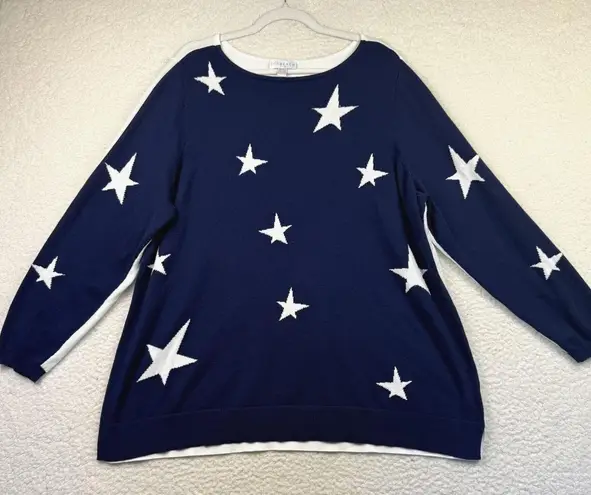 Belle Beach Kim Gravel Sweater Womens 2X Navy White Star Pullover Cotton Blend Blue Size XXL