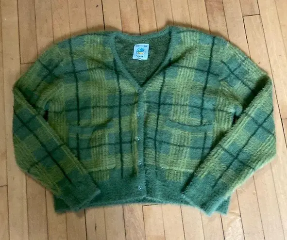 Unif  Green Fuzzy Plaid Cardigan Sweater