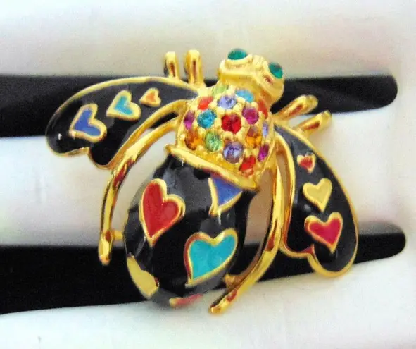 Joan Rivers NEW  Pave Crystal BEE PIN Brooch HEARTS Lots Of Love Black Enameled!