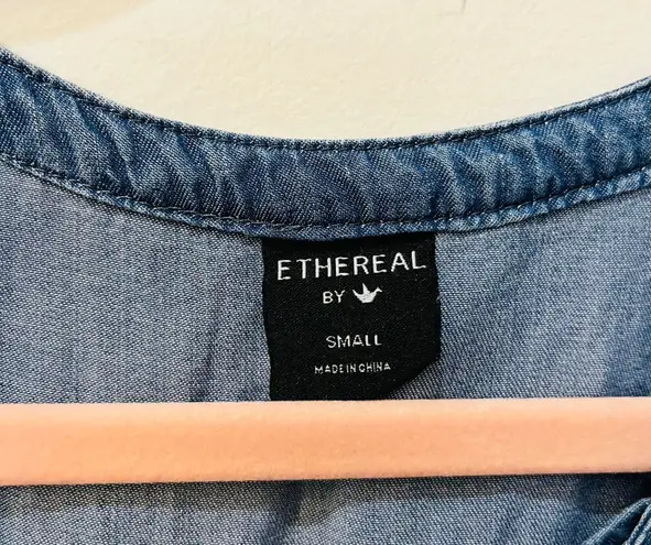 Ethereal boutique Lace Up Frill Neck Chambray denim Dress sz small