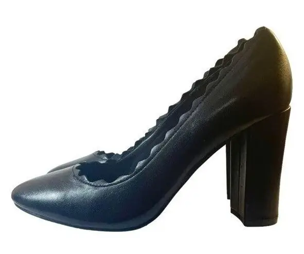 Crown Vintage Willow Black Leather Retro Scalloped Block Heel Pump Womens Size 9