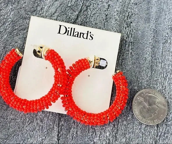 Dillard’s Beaded Hoop Fashion Earrings Coral Gold NWT Red