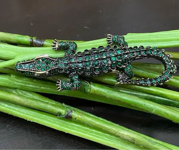 Antique Style Green Alligator Gator Crocodile Rhinestones Bling Brooch