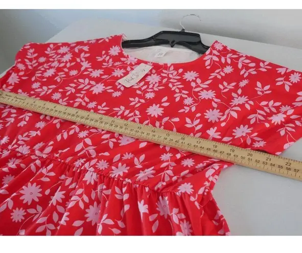 Daisy Pink  Women's Red Floral Pocket Scoop Neck Short Sleeve Dress XL