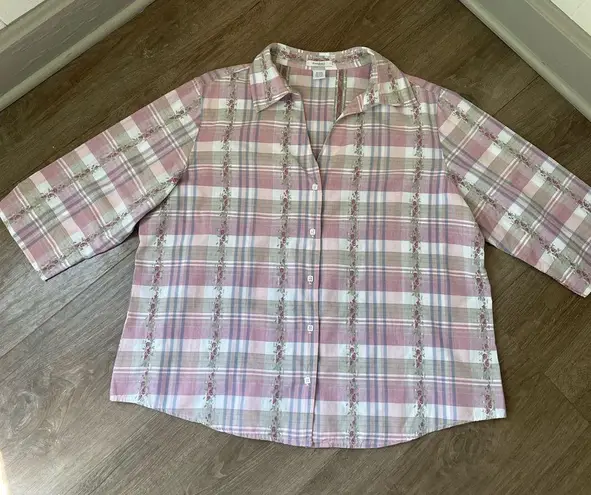 Dress Barn  Button Up Collared Shirt Plaid Floral 3/4 Sleeve ~ Woman Size 14W/16W