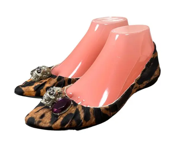 Alain Tondowski Paris Animal Print Skull Flats Slip On Women's Size EU 37 US 6.5 Brown