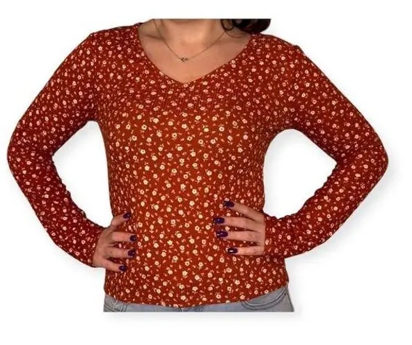 Ymi Collections Orange Rust Floral Long Sleeve Tshirt Fall Size Medium
